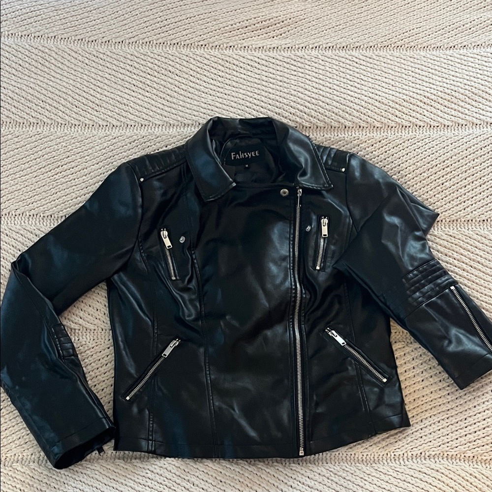 Faux Leather Black Jacket with Zipper Accents